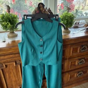 Teal Sleeveless Button Vest & Matching Pants Set